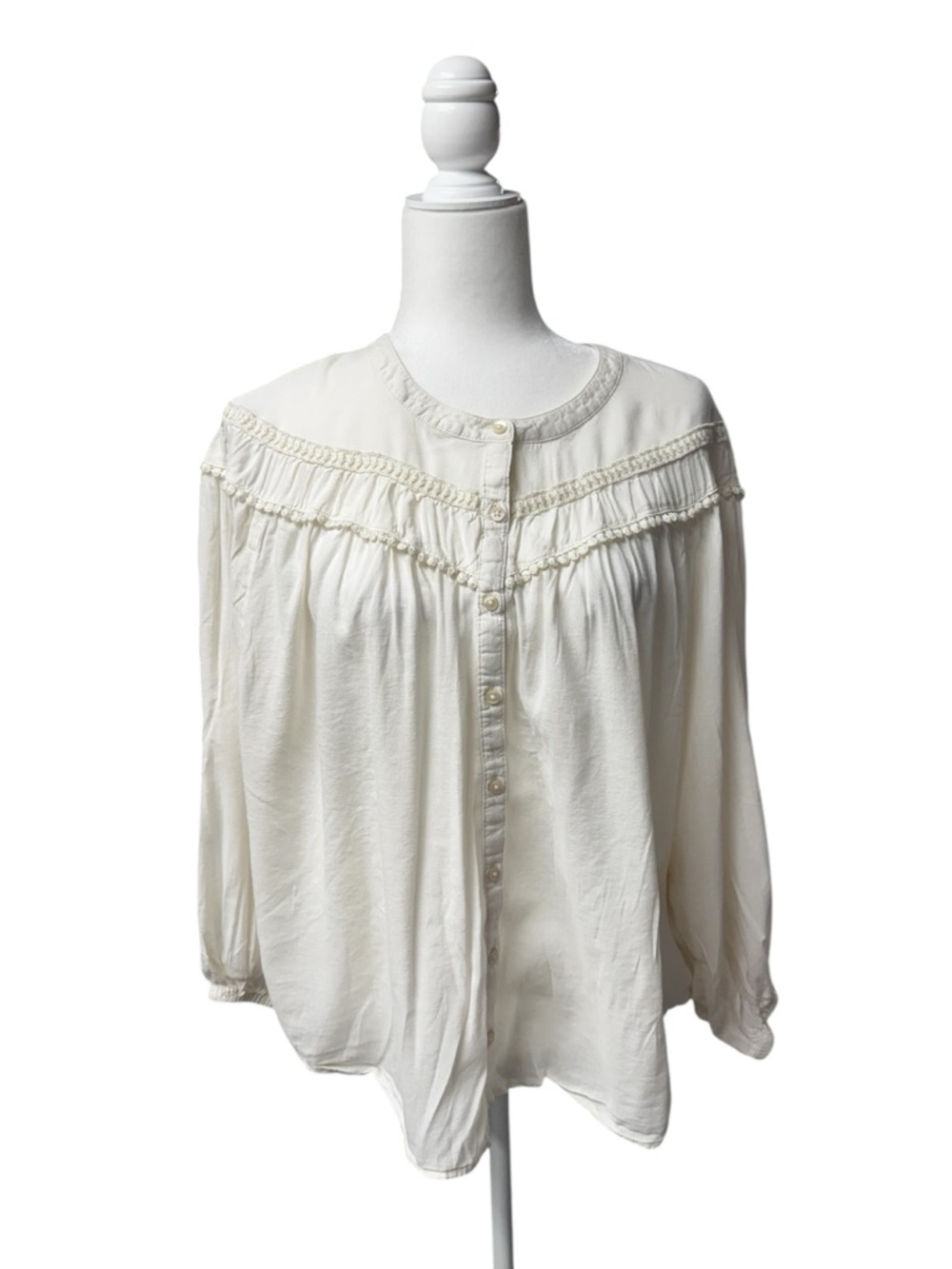 Old Navy Poet Blouse Womens Cream Button-Front embroidered Blouse XL boho Top LS